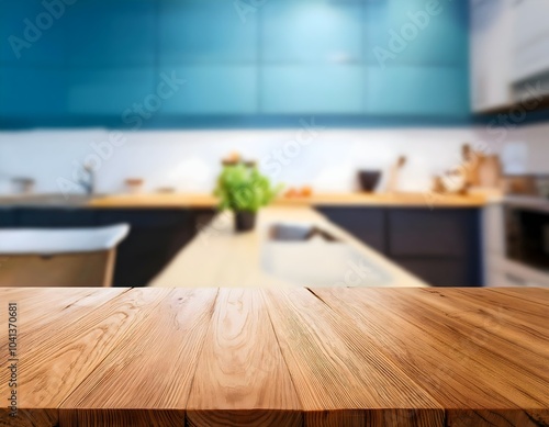 Wood table top on blur kitchen counter background, wallpaper, Empty beautiful wood table top counter and blur bokeh modern kitchen interior background, Wooden table top on blur kitchen counter backgro photo