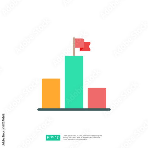A minimalist graphic representation of a bar chart with three vertical bars and a flag on the tallest bar, symbolizing achievement or progress.
