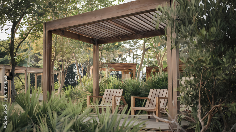 Wooden gazebo surrounded by lush greenery, featuring two comfortable chairs, ideal for relaxation in a serene outdoor setting. Wooden gazebo surrounded by lush greenery, featuring two comfortable chairs, ideal for relaxation in a serene outdoor setting.