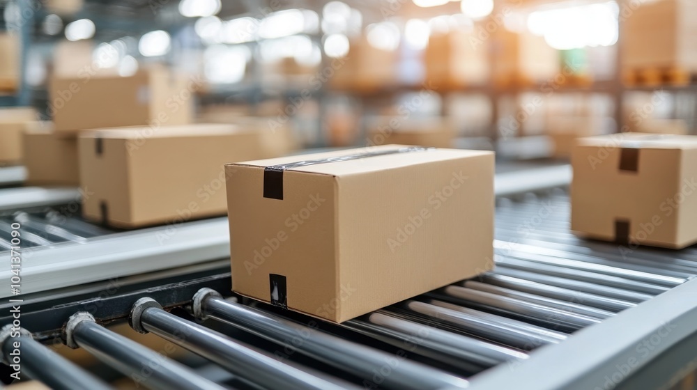Cardboard Box on Conveyor Belt in Warehouse Setting Cardboard Box on Conveyor Belt in Warehouse Setting