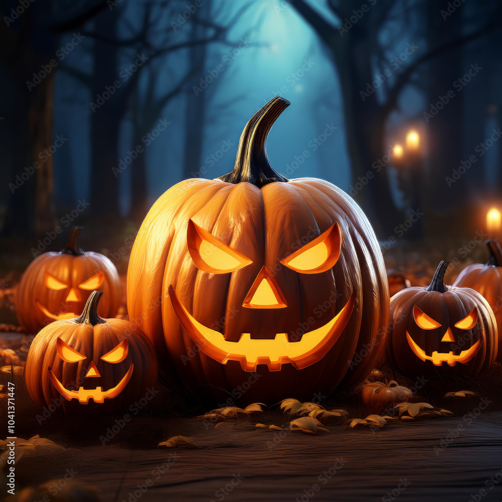 Fototapeta premium Glowing Halloween pumpkins on a rustic wooden table under an eerie night sky, ideal for custom text or designs.