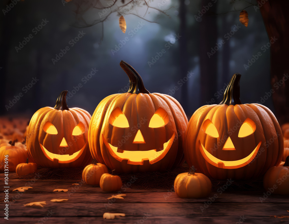 Glowing Halloween pumpkins on a rustic wooden table under an eerie night sky, ideal for custom text or designs. Glowing Halloween pumpkins on a rustic wooden table under an eerie night sky, ideal for custom text or designs.