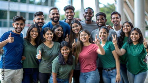 A diverse group of Indian volunteers posing together after a successful event.
 photo