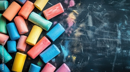 Colorful Chalk Sticks on Black Chalkboard Surface