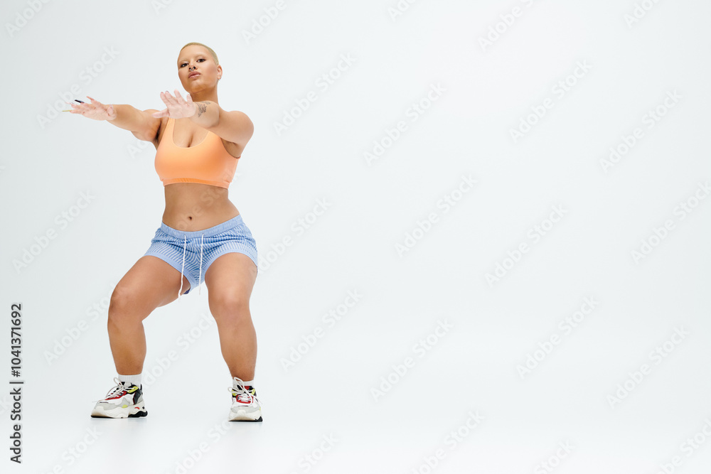 A young bald woman dances energetically while dressed in vibrant attire, expressing joy. A young bald woman dances energetically while dressed in vibrant attire, expressing joy.