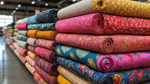 Stacks of brightly patterned fabric bolts