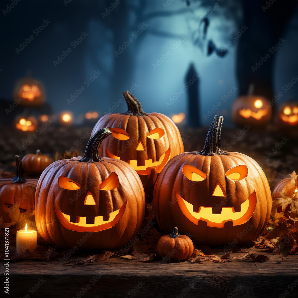 Fototapeta premium Glowing Halloween pumpkins on a rustic wooden table under an eerie night sky, ideal for custom text or designs.
