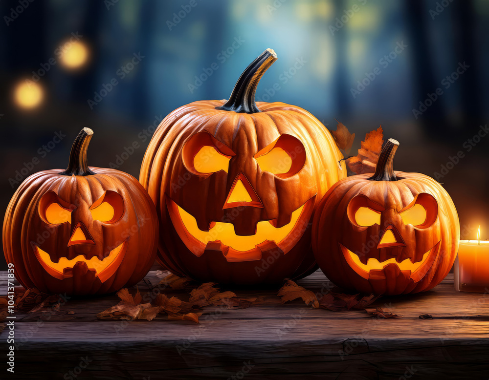 Glowing Halloween pumpkins on a rustic wooden table under an eerie night sky, ideal for custom text or designs. Glowing Halloween pumpkins on a rustic wooden table under an eerie night sky, ideal for custom text or designs.