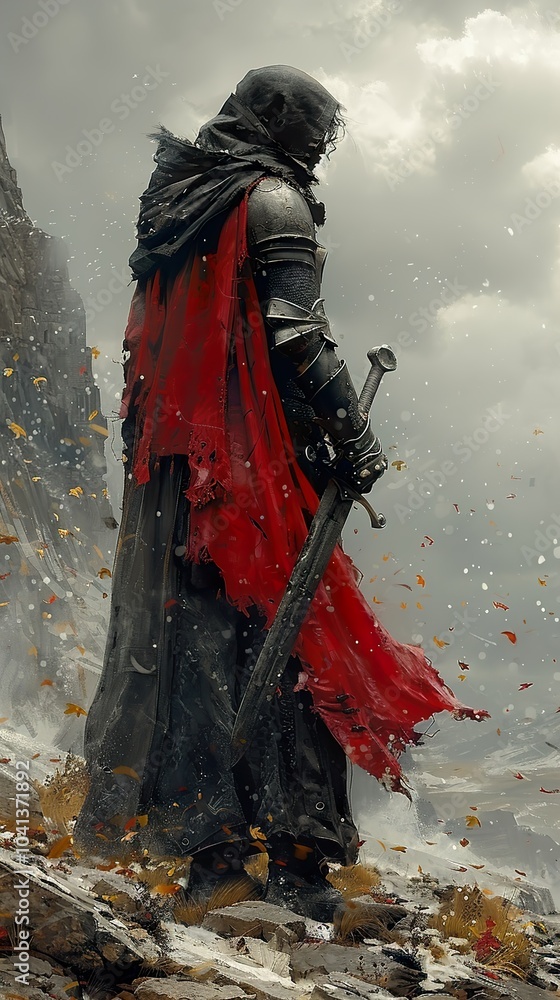 Fantasy Knight in a Red Cape: A Dramatic Illustration Fantasy Knight in a Red Cape: A Dramatic Illustration