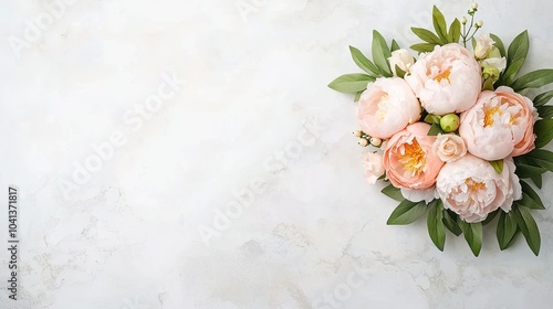 A bouquet of soft pink peonies and greenery on a light, textured background.