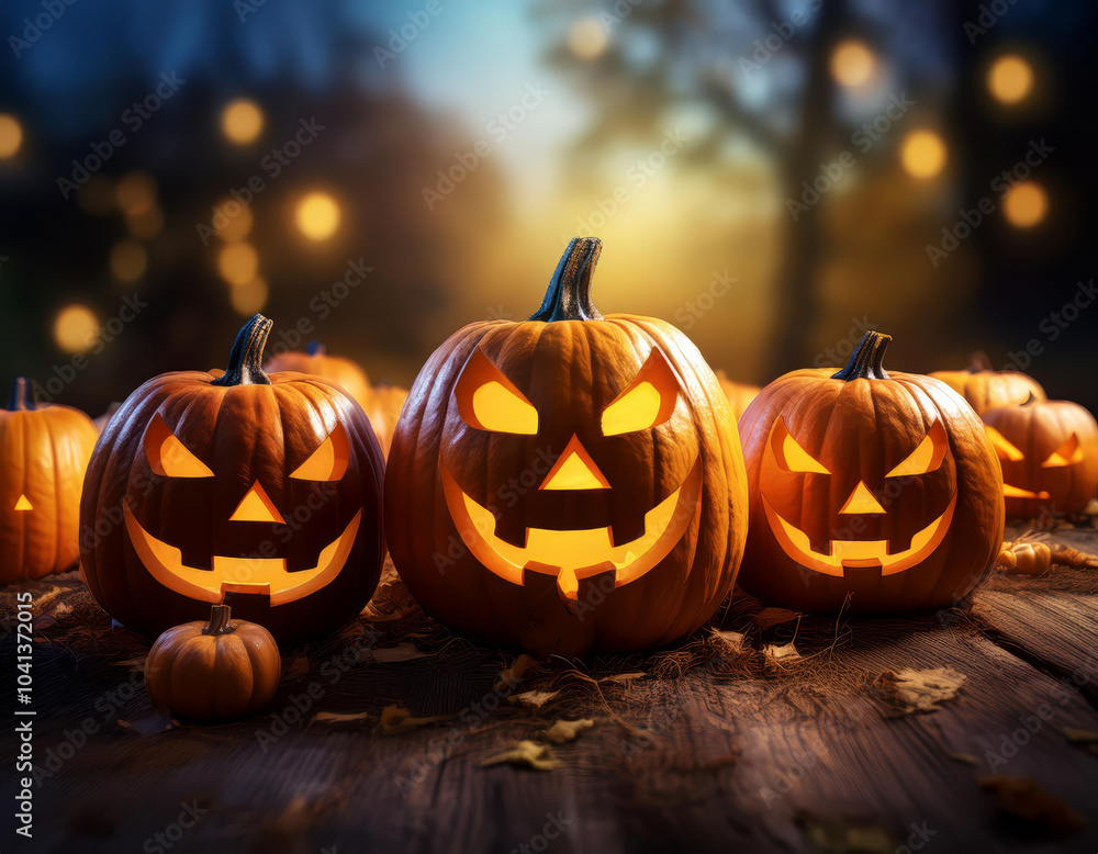 Fototapeta premium Glowing Halloween pumpkins on a rustic wooden table under an eerie night sky, ideal for custom text or designs.