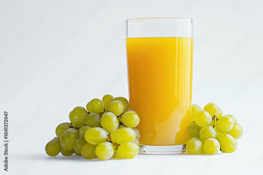 A Glass of Grape Juice with Two Bunches of Green Grapes