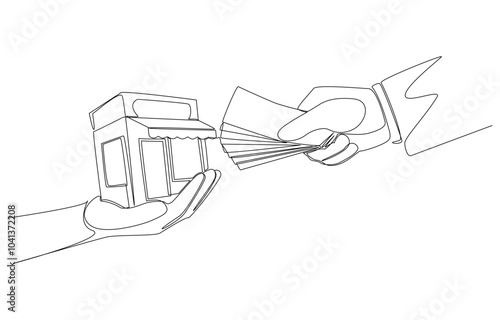 Continuous one line drawing of businessman giving money to franchise owner to receive franchise store, franchising concept, single line art.