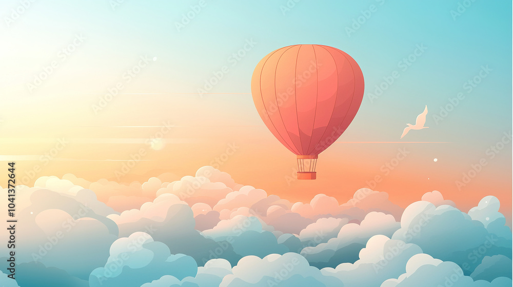 Obraz premium Red hot air balloon flying above clouds during sunset