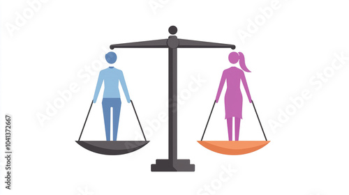 Businessman and businesswoman balancing on a justice scale