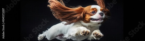 Cavalier King Charles Spaniel leaping happily, silky ears flapping in the air, dynamic motion on a black backdrop