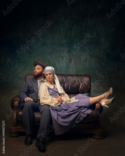 Vintage couple relaxing on couch. Van Gogh and Girl with white pearl relaxing on modern leather couch. Fusion of old-world elegance and modern leisure. Concept of eras comparison, creative vision, ad photo