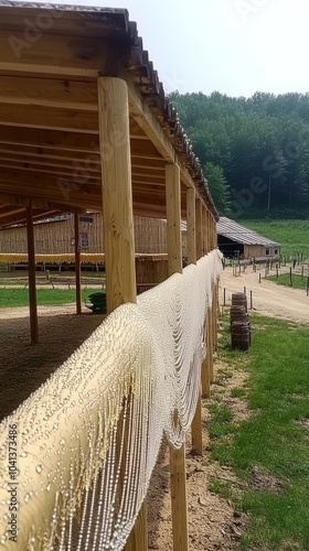 A wooden barn with a white beaded curtain. photo