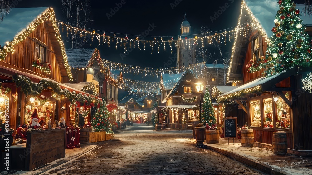 Obraz premium Charming Christmas Village Square Concert at Night