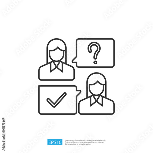 The image features two individuals with speech bubbles, one containing a question mark and the other a check mark, symbolizing communication and validation.