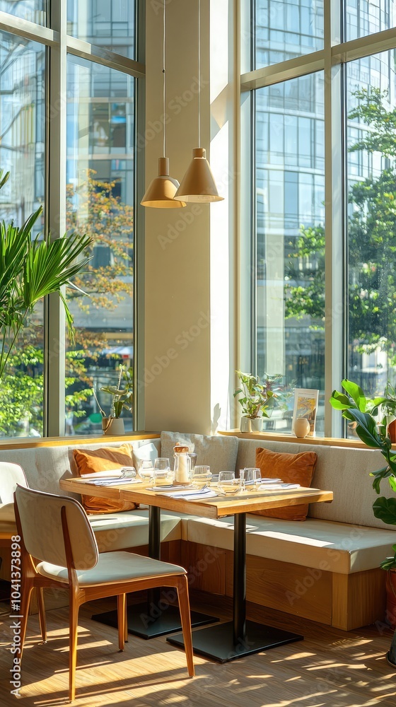 Fototapeta premium Modern Chic Café with Large Windows and Cozy Seating