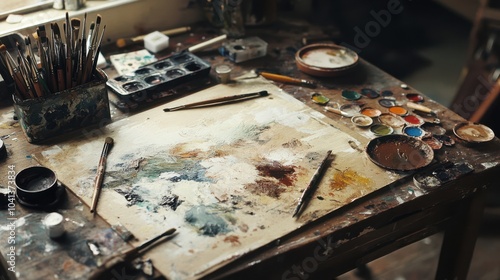 Artist tools like brushes and palette on a table providing space for copy or designs