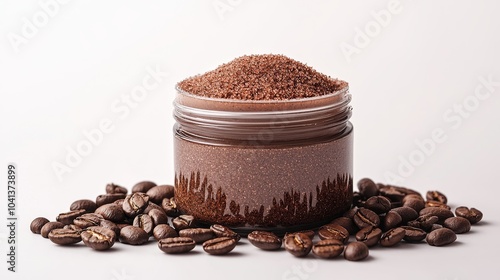 Handmade coffee scrub in a small jar, with coffee beans surrounding it, isolated on a bright white background, earthy tones and organic appeal photo