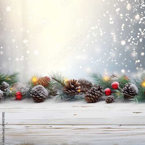 Colorful Christmas balls and lights in a row with pine cones and branches covered with snow and snowfall on abstract background in winter. Horizontal composition.