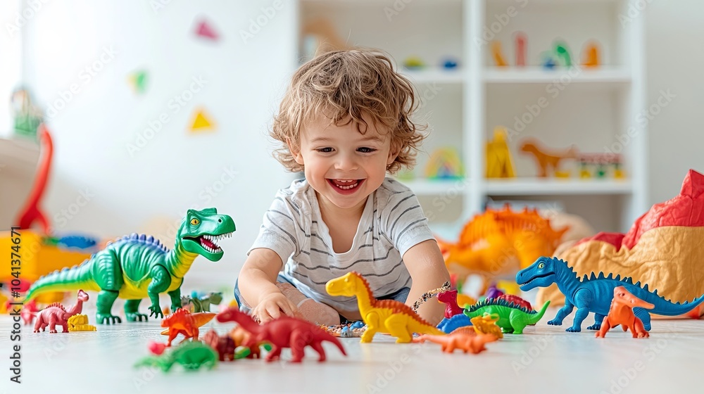 A child is playing with colorful toy dinosaurs in a bright, white playroom A child is playing with colorful toy dinosaurs in a bright, white playroom