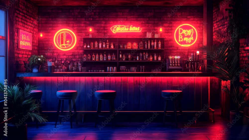 A vibrant bar scene with neon signs, shelves of liquor, and a cozy atmosphere. Seamless looping 4k video animation background A vibrant bar scene with neon signs, shelves of liquor, and a cozy atmosphere. Seamless looping 4k video animation background