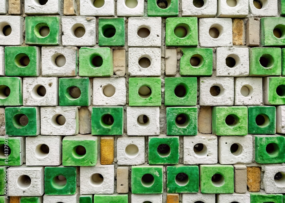 Fototapeta premium Aged Green and White Bricks with Rectangular Holes for Construction, Architectural Photography, Building Materials 