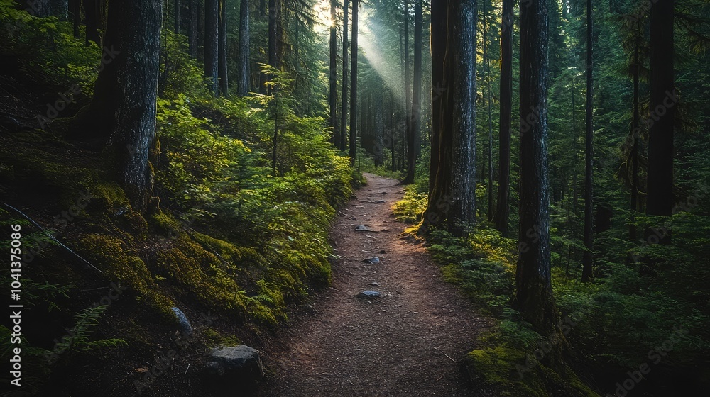 Obraz premium Serene Forest Pathway Under Soft Sunlight