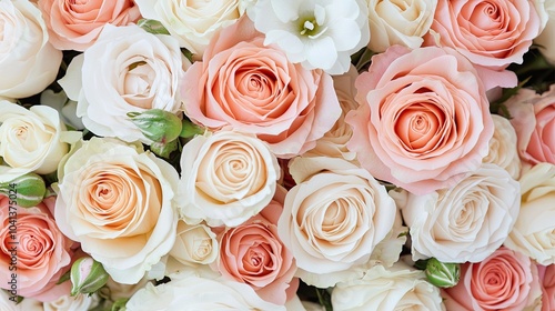 A vibrant arrangement of soft pink and white roses, showcasing their delicate petals and lush green leaves.