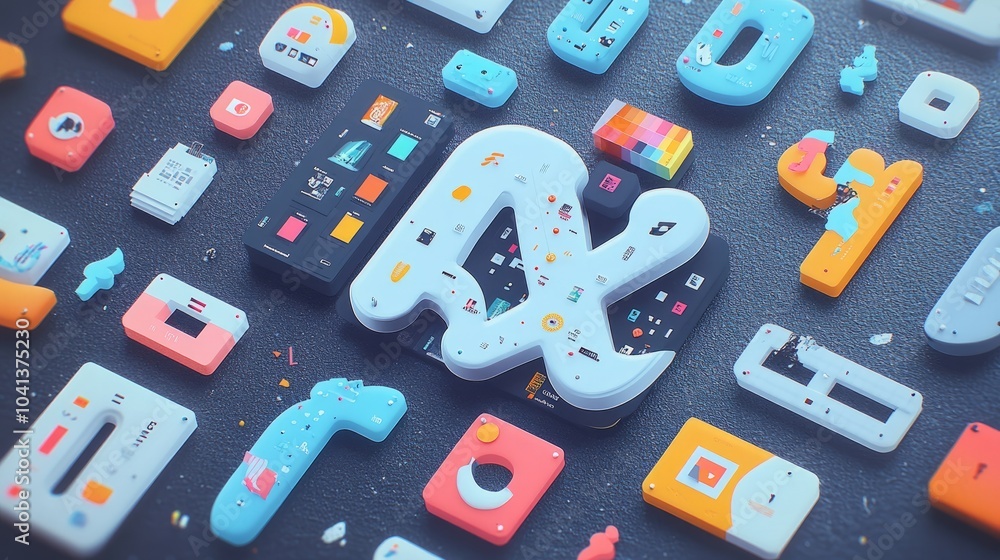 Colorful 3D letters and shapes on a dark background. Colorful 3D letters and shapes on a dark background.