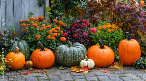 Vibrant Autumn Garden with Pumpkins