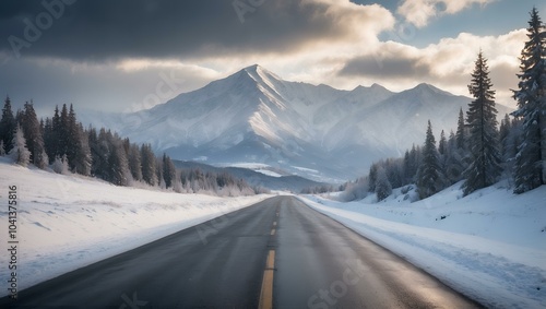 Scenic winter landscape with mountains and snow-covered road under dramatic clouds