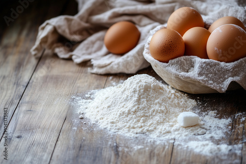 On a rustic wooden table fresh eggs and flour laid out for delicious baking. Generative AI