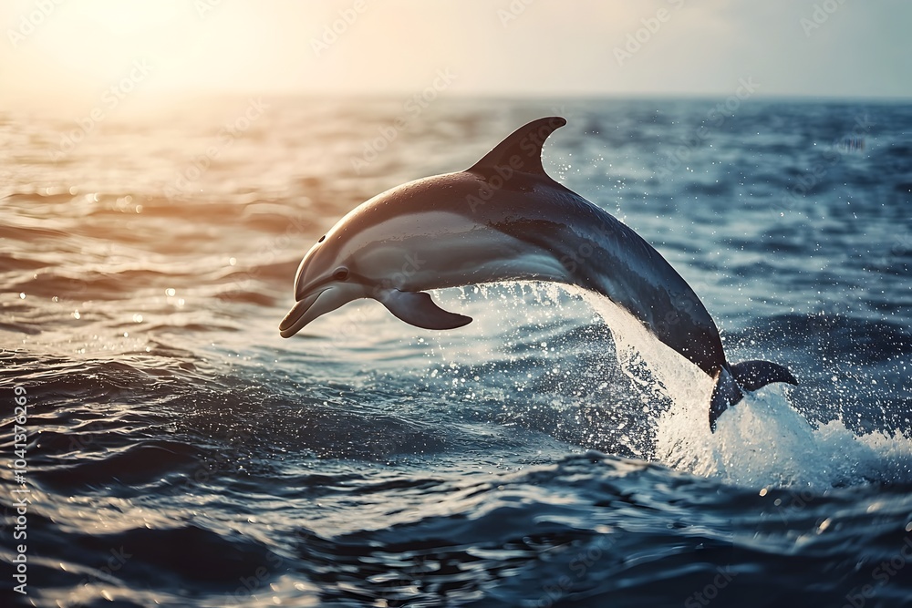 Fototapeta premium Playful Dolphin Leaping from Vibrant Ocean Waves at Sunset