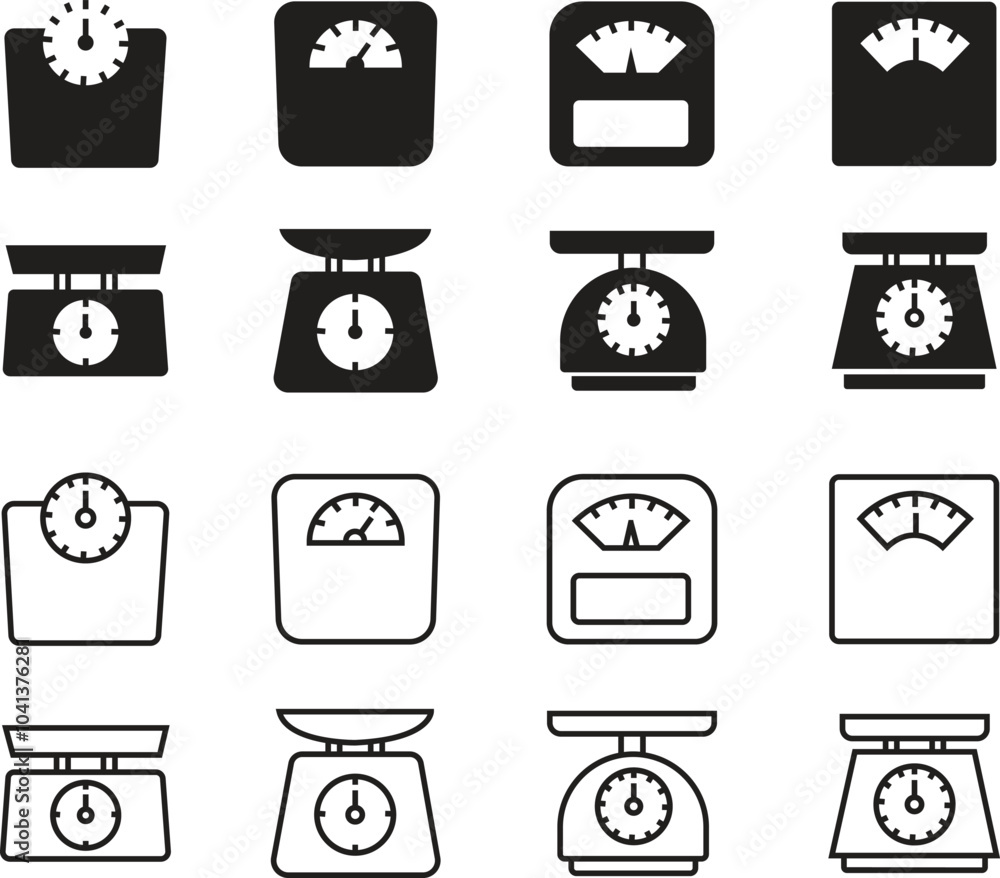 Scale, weight icons set flat and line styles. Simple glyph kitchen tool. Balance, weight symbols. Mass measurement vectors isolated on transparent background. Overweight signs business concepts. Scale, weight icons set flat and line styles. Simple glyph kitchen tool. Balance, weight symbols. Mass measurement vectors isolated on transparent background. Overweight signs business concepts.