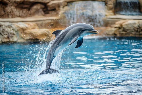 Playful Dolphin Leaping Out of the Water with Splashing Droplets Representing the Joy of Marine Life photo