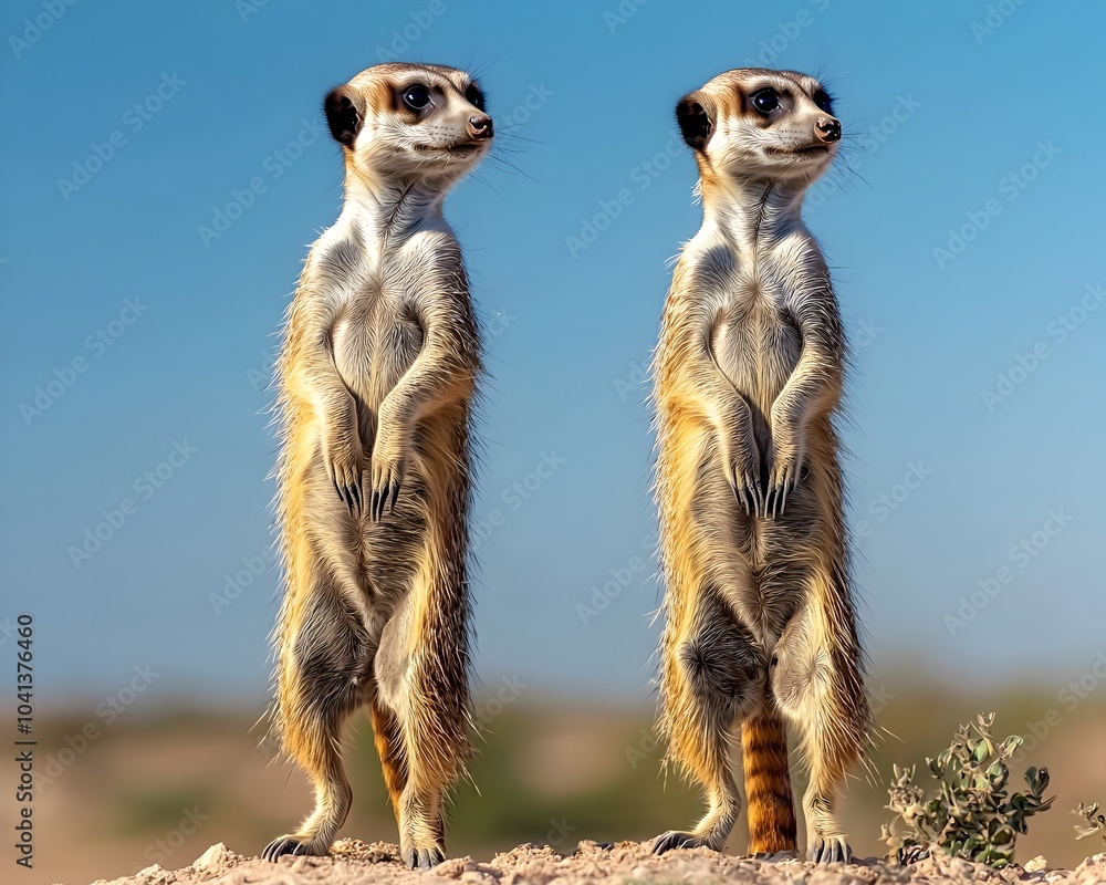 Pair of Vigilant Meerkats Scanning the Horizon with Alert Expressions Pair of Vigilant Meerkats Scanning the Horizon with Alert Expressions
