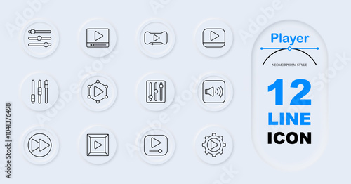 Player set icon. Sliders, video screen, controller with play button, speaker, play icon, sound adjustment, fast forward, video network, volume