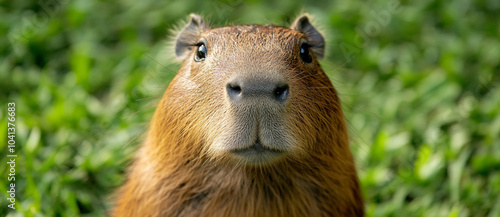 A cute capybara looking at the camera on a green grass background with copy space, suitable for a banner design. A large, bearded, and long-haired head of an animal in a frontal view. 