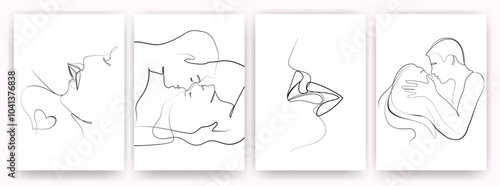 Kissing passion and love concept posters covers set. One line drawing Man and Woman kissing line art. Lips touching, romantic relationship cards. Love and relationships concept illustration. Vector