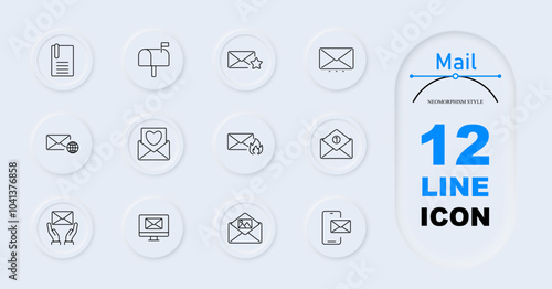 Mail set icon. Notebook, mailbox, starred message, message with globe, love letter, burning message, new message, hand with letter, mail on monitor, mobile mail