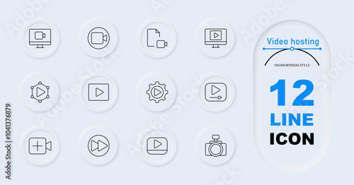 Video hosting set icon. Monitor, camera, document, play, settings, timeline, camera with plus, fast forward. Video content creation, editing, playback, media tools.
