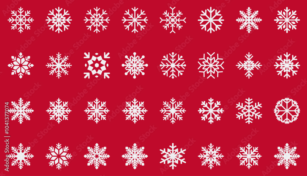 Set of White Snowflakes Isolated on Red Background. 