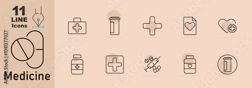 Medicine set icon. First aid kit, pill bottle, cross, heart document, heart with medical cross, pills and syringe, capsule bottle with heart, medicine container.