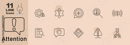 Attention set icon. Gear with warning, badge with exclamation, speech with plus, magnifying glass with alert, sound alert, checklist with alert, speech bubble, approved checkmark, triangle alert
