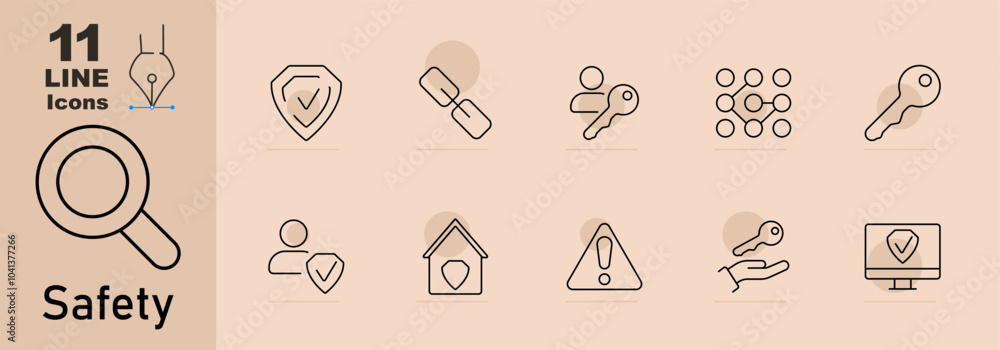 Safety set icon. Magnifying glass, key in hand, user with shield, key, shield with check, warning, broken chain, house with shield, security camera, user with key, computer shield. Safety set icon. Magnifying glass, key in hand, user with shield, key, shield with check, warning, broken chain, house with shield, security camera, user with key, computer shield.